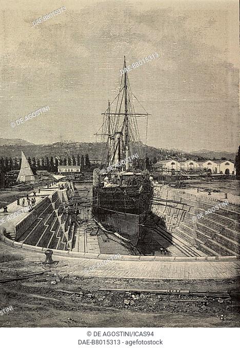 America merchant ship in the Umberto I dry dock, La Spezia, Italy, engraving by Ernesto Mancastropa from a photograph by Ulisse Conti-Vecchi