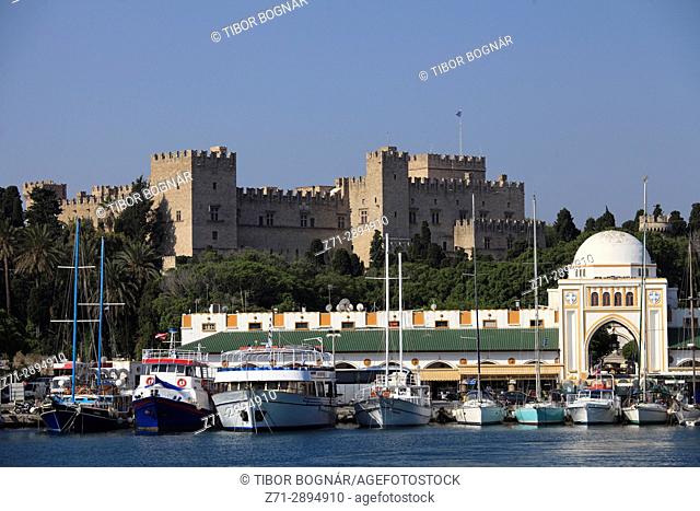 Greece, Dodecanese, Rhodes, Palace of the Grand Masters, New Market, Mandraki Harbour,
