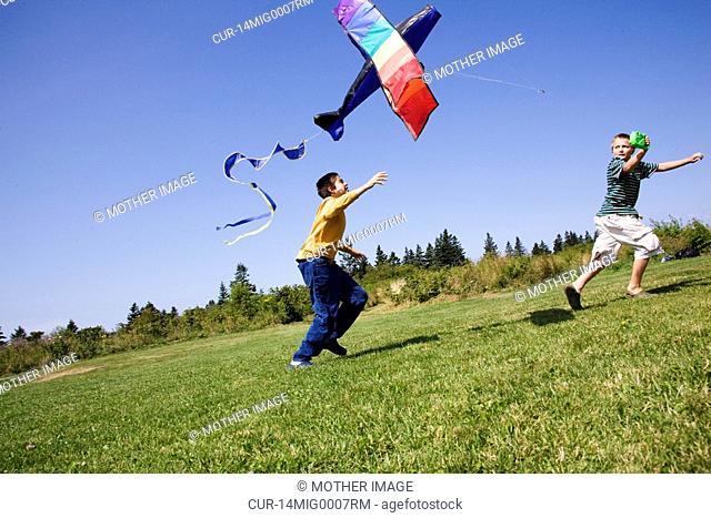 Two Brothers flying kite, working together on a summer's day
