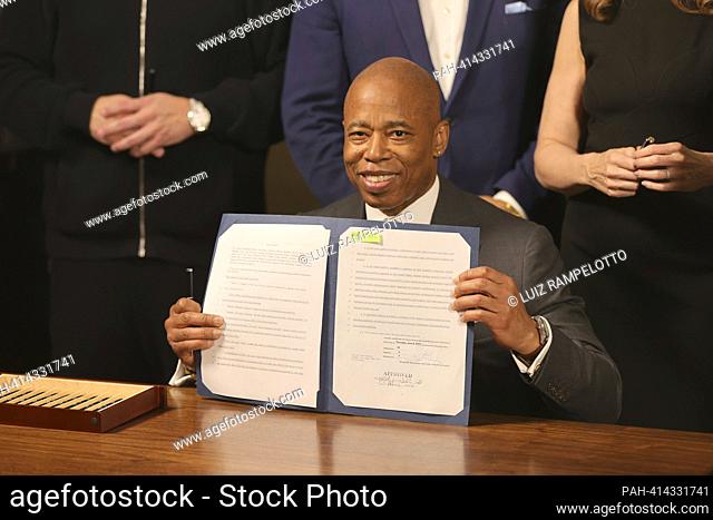 City Hall, New York, USA, June 23, 2023 - Mayor Eric Adams signs Intro. 844-A to increase health care and hospital price transparency by allowing New Yorkers to...