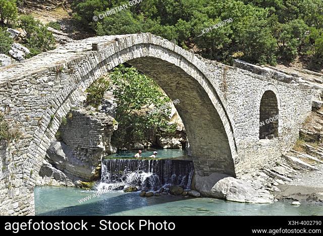Ottoman Bridge and Hot Springs at the Langarice Canyon, Vjosa or Vjosë River, Albania, Southeastern Europe