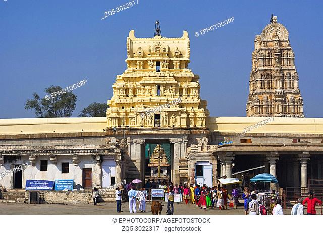 Carved outer gopuram of Virupaksha Temple, also known as the Pampavathi temple, Hampi, Karnataka, India