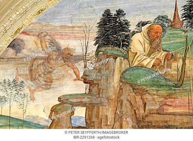 Fresco, life of St. Benedict, fresco by Sodoma, detail view of picture 5, Romanus feeding Benedict, with depiction of the devil