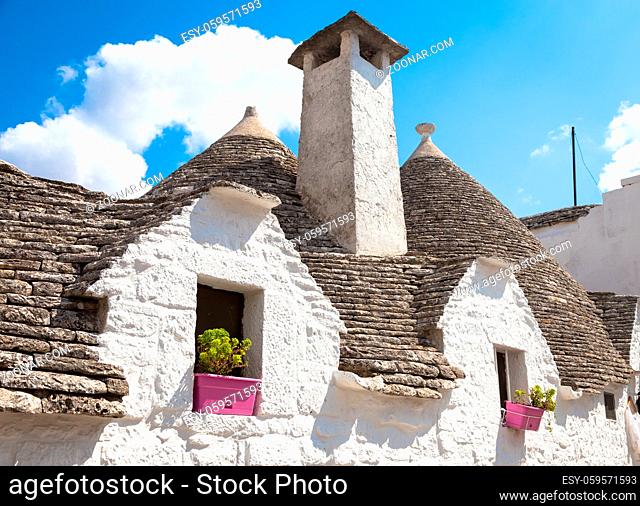 Alberobello, Puglia Region, South of Italy. Traditional roofs of the Trulli, original and old houses of this region