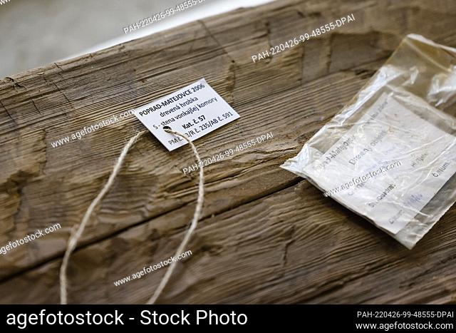 26 April 2022, Schleswig-Holstein, Jübeck: Inscribed maps lie on approximately 1600-year-old wooden pillars in a storage hall of the Archaeological Central...