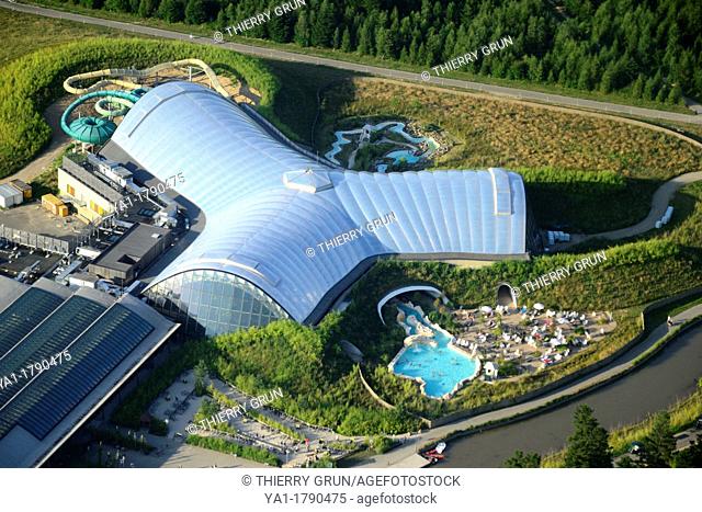 Aerial view Aqua Mundo swimming-pool complex, Trois Forets holiday park by Center Parcs company, Hattigny near Sarrebourg, Moselle, Lorraine region, France