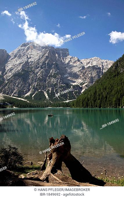 Lake Pragser Wildsee or Lago di Braies, Dolomites, South Tyrol, Italy, Europe