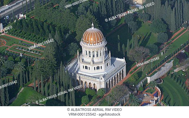 Aerial Bahai gardens and Temple on the slopes of mount Carmel; Israel. Beautifully landscapes gardens exemplify peace and tranquillity