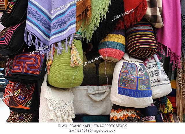 Colorful Colombian Mochila Bags in market near the Gold Museum in La Candelaria, the old town of Bogota, Colombia