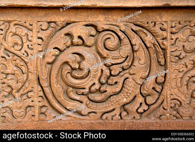 Closeup of intricate stone carving at Durga Temple in Aihole, Bagalkot District, Karnataka, India, Asia