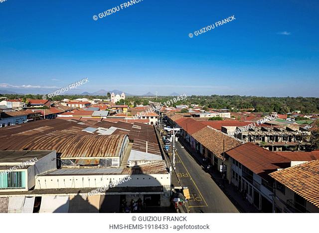 Nicaragua, Leon department, Leon, view from the terrace of the Cathedral of Leon, the church El Calvario and the Cordillera de Maribios in the background