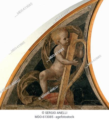 Angel with Harp, by Ferrari Gaudenzio, 1539 - 1539, 16th Century, fresco transferred to canvas, wooden frame. Italy, Lombardy, Milan, Brera Art Gallery