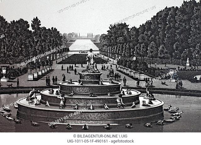 Versailles, bassin de latone, france, historic copper-plate etching from 1860