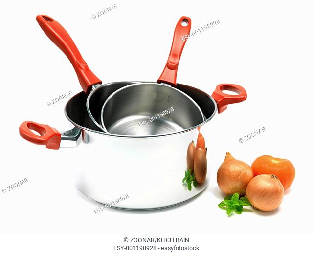 Silver cooking pots isolated against a white background