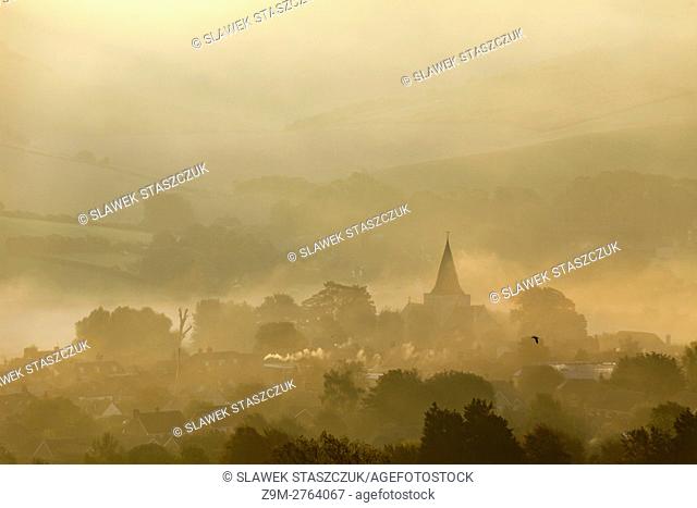 Misty sunrise in Alfriston, East Sussex, England. South Downs National Park