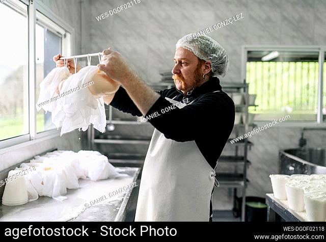 Mature male chef checking rod of hanging cheese wrapped in clothes at factory