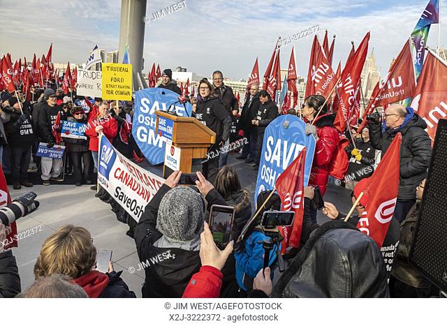 Windsor, Ontario, Canada - 11 January 2019 - Canadian auto workers, members of the Unifor labor union, rallied across the Detroit River from the General Motors...