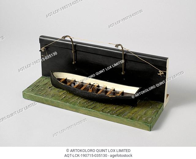Model of a Lifeboat Release, Polychromed model of a part of a ship's wall with a sloop on two nail avits, on a floorboard on which water is simulated