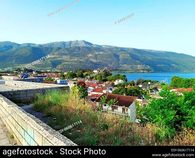 ioannina city and lake in the evening, spring season, greece