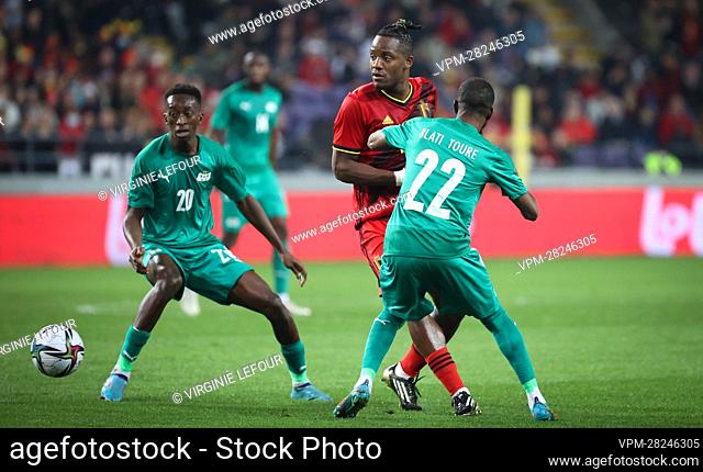 Belgium's Michy Batshuayi and Burkina Faso's Blati Toure fight for the ball during a friendly soccer match between Belgian national team the Red Devils and...