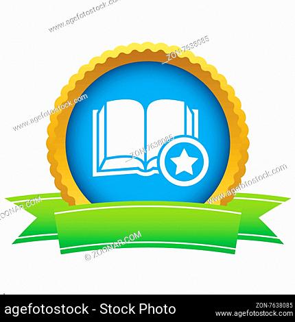 Round icon with ribbon, with image of book and star, isolated on white