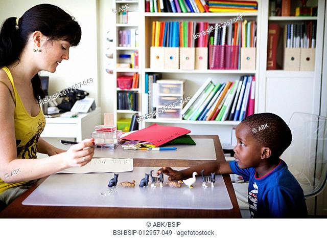 A feature shot at a speech therapist's office in Noisy-le-Grand 93. Godwin, aged 3 years and 8 months, is given an assessment test