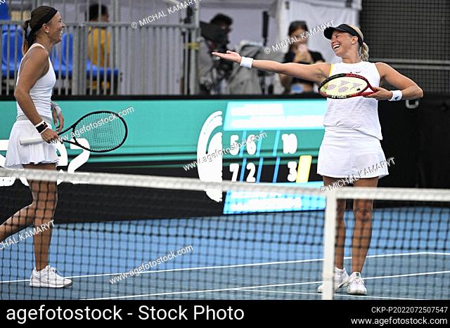 Czechs Andrea Sestrini Hlavackova, right, and Lucie Hradecka play in the Livesport Prague Open WTA women’s tennis tournament match against Czech–Moldovan...