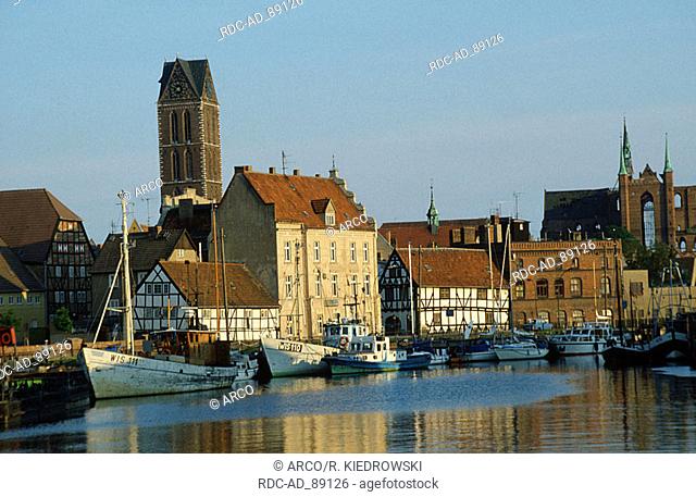 View on harbour Marien church and St. Georgen church Wismar Mecklenburg-Western Pommerania Germany