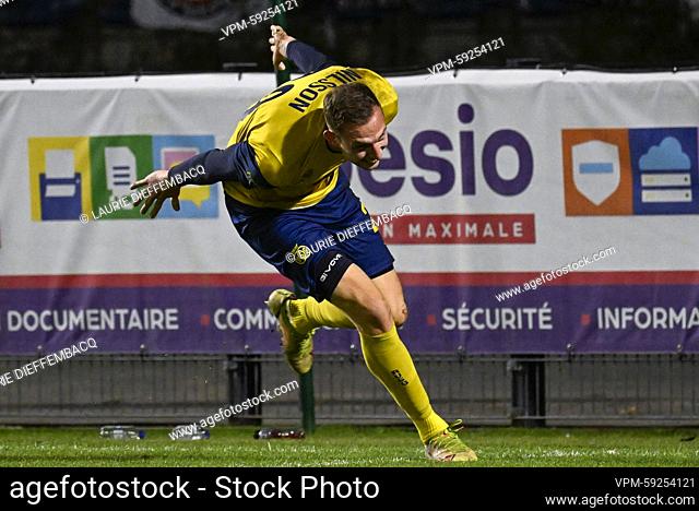Union's Gustaf Nilsson celebrates after scoring during a soccer match between Royale Union Saint-Gilloise RUSG and SV Zulte Waregem
