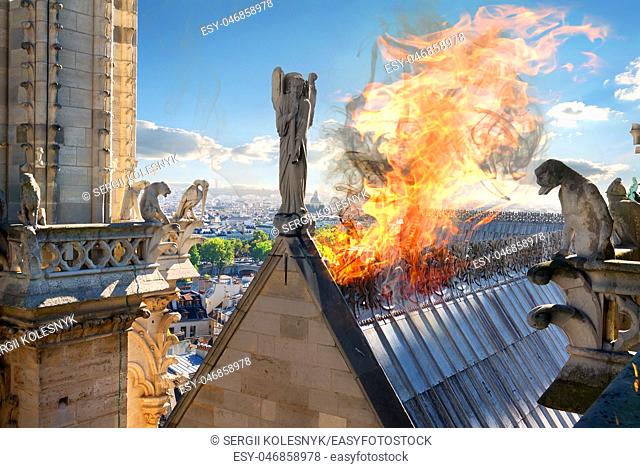 Fire in the Notre Dame Cathedral. Paris, France. Digital composite