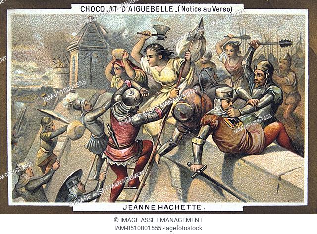 Chomolithograph, 19th Century, depicting Jeanne Hachette defending Beauvais under siege 1472
