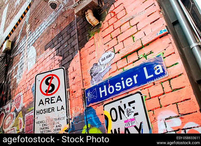 Melbourne, Australia - July 31, 2015: Street art and graffiti in Hosier Lane. Taken on a winter's day in Melbourne, Victoria, Australia