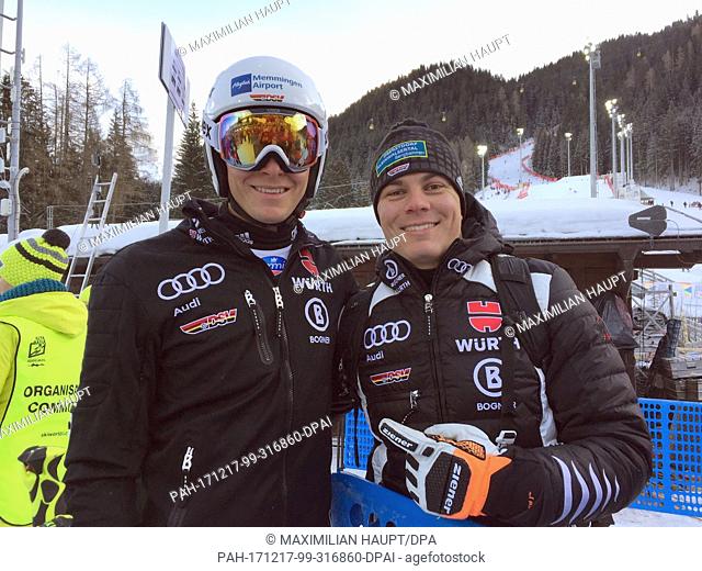 German ski racers Alexander Schmid (L) and Manuel Schmid standing in the finish line area of the Gran Risa slope in Alta Badia, Â Italy, 16 December 2017