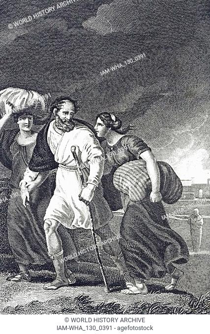 An engraving depicting Lot fleeing Sodom and Gomorrah when an earthquake circa 1900 BC destroyed them. In the background (right) is Lot's wife turned into a...