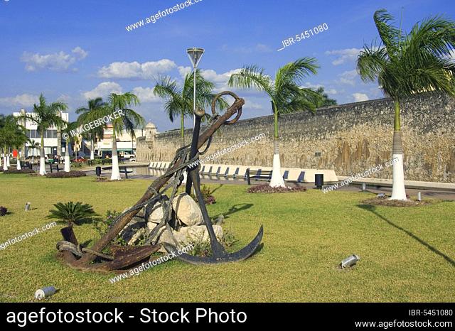 Anchor and old fortification wall, Campeche, Campeche province, Yucatan Peninsula, Mexico, city wall, Central America