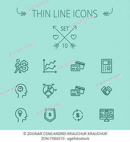 Business thin line icon set for web and mobile. Set includes- graph, chart, pie graph, dollar symbol, cards, handshake, calculator, monitor icons