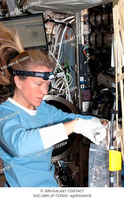NASA astronaut Karen Nyberg, Expedition 36 flight engineer, services the Combustion Integrated Rack (CIR) Multi-user Droplet Combustion Apparatus (MDCA) in the...