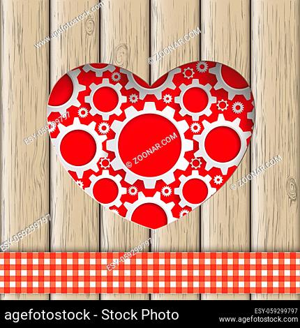 Heart hole with gears and wooden background. Eps 10 vector file