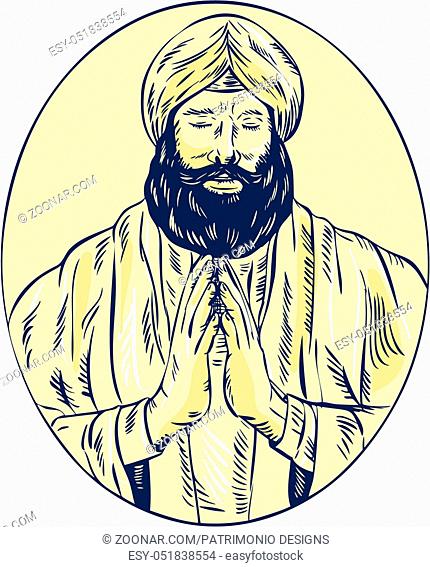 Etching engraving handmade style illustration of a Sikh guru or priest praying viewed from front set inside oval
