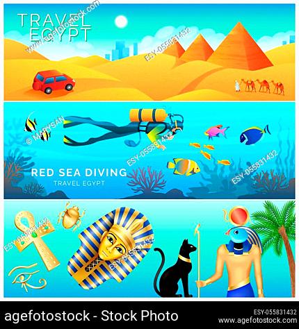 Horizontal banners set, Egypt landscape, tourism and vacation, red sea diving with colorful fish, pyramids, desert, scarab and mythology, vector illustration
