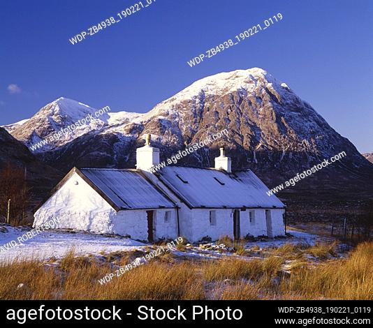 Blackrock Cottage, Lochaber, Highland, Scotland. Buachaille Etive Mor in the background. This mountain stands at the edge of Rannoch Moor and at the heads of...