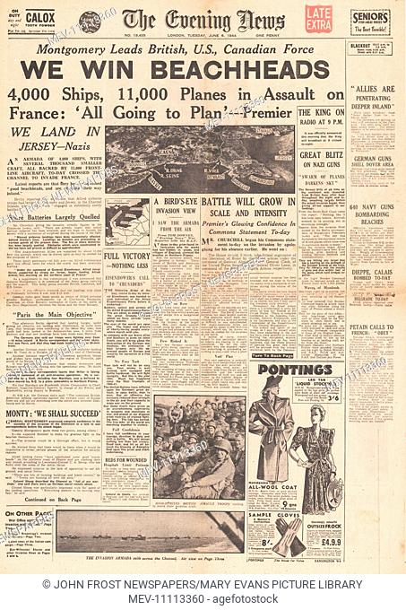 1944 Evening News front page reporting D-Day landings of Allies at Normandy