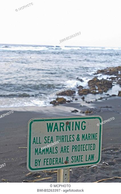 warning sign at Punaluu Beach, Black Sand Beach, USA, Hawaii, Punaluu Beach