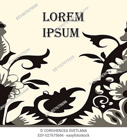 Vector seamless floral border. Element for design. You can place the text in an empty frame. Black and white. For decorating of invitations, greeting cards