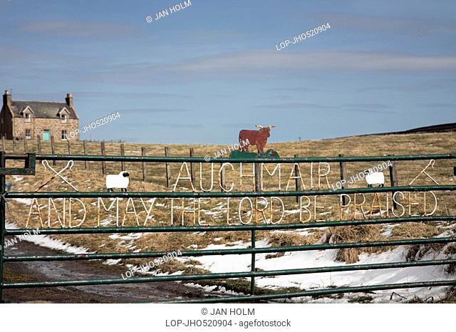 Scotland, Moray, Cabrach, Religious text on farm gate in the Cabrach, Morayshire