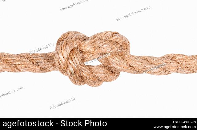 another side of Overhand knot tied on thick jute rope isolated on white background