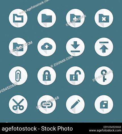 vector dark gray white flat design round various file actions icons set long shadows