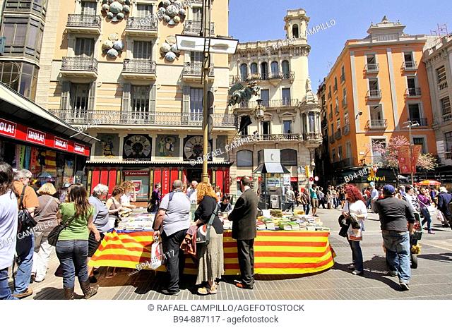 Book stalls in La Rambla, St George's Day Catalan holiday, Barcelona. Catalonia, Spain