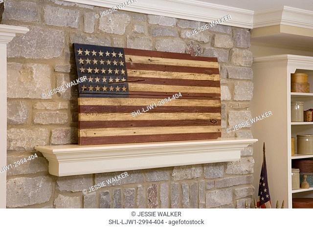 FIREPLACES: contemporary country, detail of hand made wooden American flag sitting on a mantel, stone fireplace