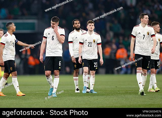 Belgium's players look dejected after a friendly soccer match between Ireland and the Belgian national team, the Red Devils, Saturday 26 March 2022 in Dublin
